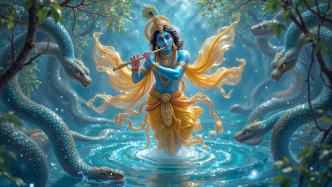 Lord Krishna is depicted gracefully floating above serene waters, surrounded by a magnificent display of serpents, their vibrant colors contrasting with the tranquil blue of the water. He stands in a relaxed pose, exuding divine confidence and charm, adorned in flowing yellow silk garments that ripple gently in the breeze. His radiant blue skin glows against the backdrop, and his large, expressive eyes reflect both mischief and wisdom. A crown of peacock feathers rests atop his head, glistening with jewels, while intricate gold jewelry adorns his neck, arms, and wrists. The serpents, with their sinuous bodies and jewel-studded hoods, encircle Krishna protectively, their eyes glinting with reverence and admiration. As he plays his flute, the enchanting melody resonates through the air, creating an atmosphere of divine harmony. The water below sparkles with reflections of Krishna and the serpents, enhancing the ethereal quality of the scene, while delicate ripples spread outward, symbolizing the impact of his divine presence. The scene captures a moment of serene beauty and cosmic significance, portraying Krishna as a protector and a beloved figure among both gods and nature.