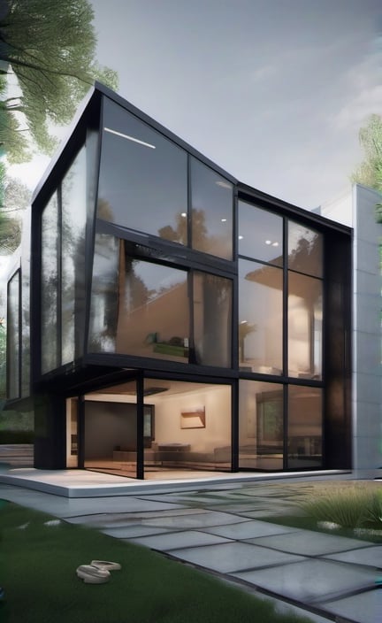 modern house design, photorealistic, wet ground, glass windows 