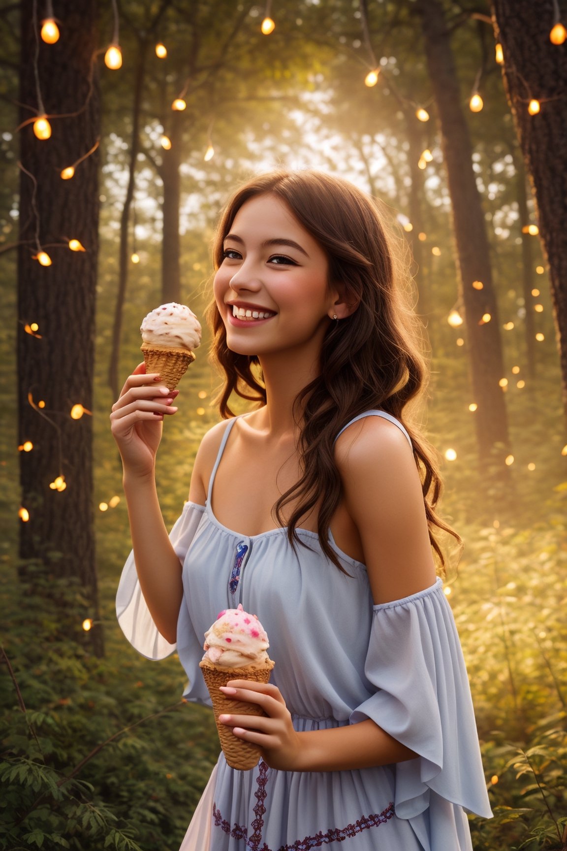 "Design a Disney-esque 8K illustration of a charming, smiling girl in a fairytale forest, where the trees are made of candy and the fireflies light up like pixelated stars. She holds a magical ice cream cone that emits a soft, radiant glow, adding a touch of enchantment to the scene."