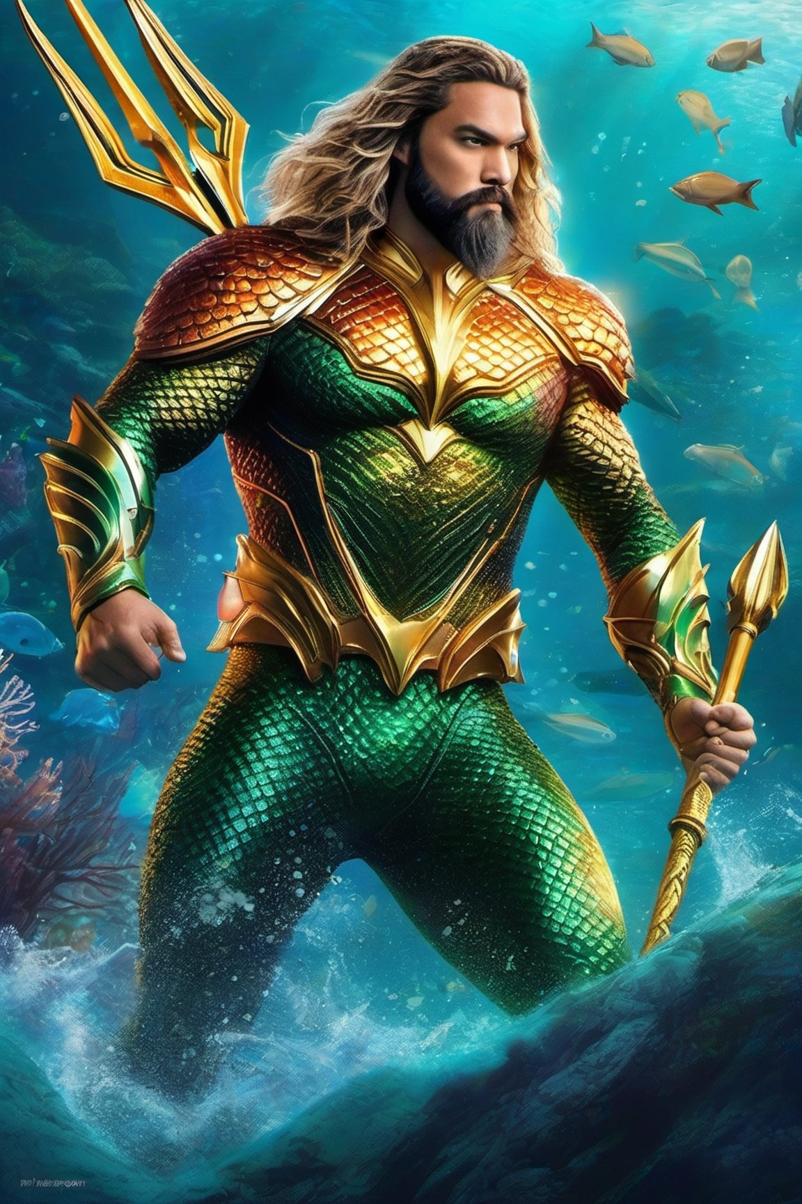 Design a realistic digital portrait of Aquaman, the Atlantean superhero, in his iconic costume and wielding his trident, set against an underwater kingdom with colorful marine life and mystical aquatic elements."