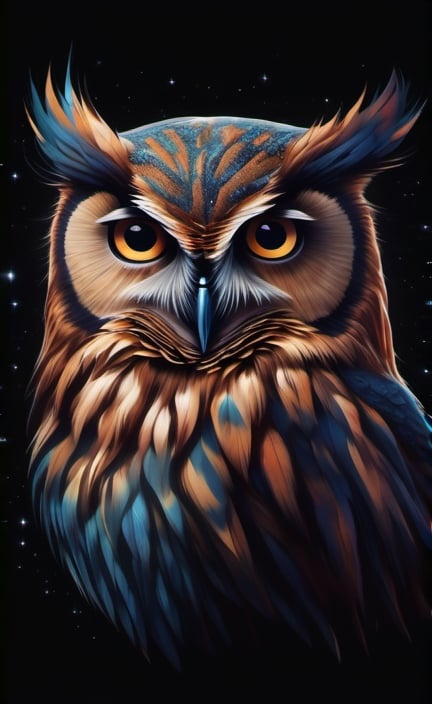 Create a 3D-rendered portrait of a wise old owl, with galaxies swirling in its mesmerizing eyes, inspired by Leonardo da Vinci's style.,Leonardo Style