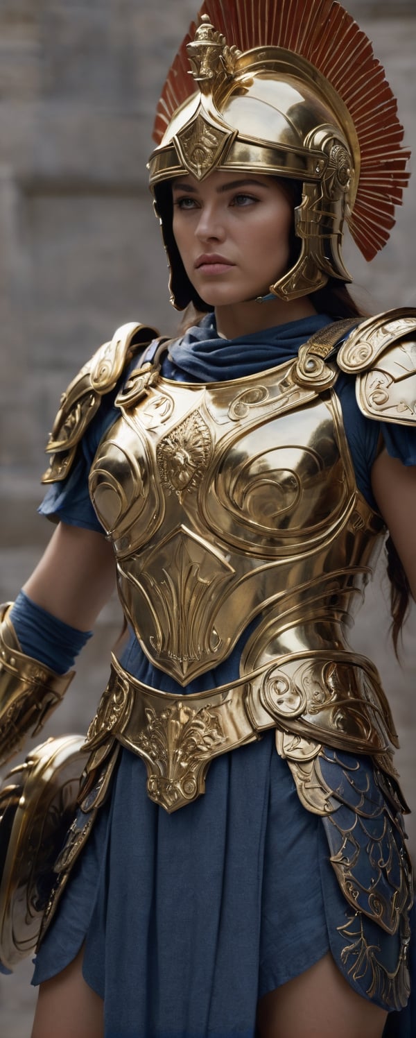 Female Roman soldier,  (((Shiny gold armor)))battle ground setting,  facing camera by PANTHER CLARK on Tensor.Art