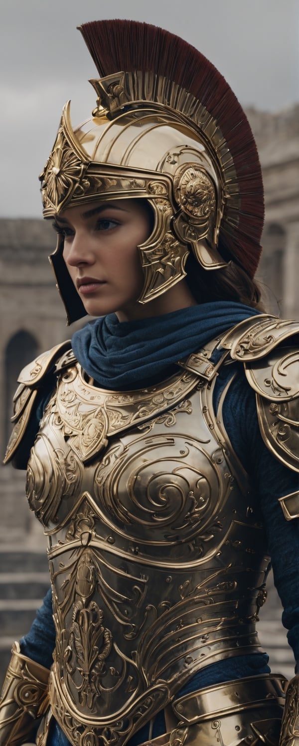 Female Roman soldier,  (((Shiny gold armor)))battle ground setting,  facing camera by PANTHER CLARK on Tensor.Art