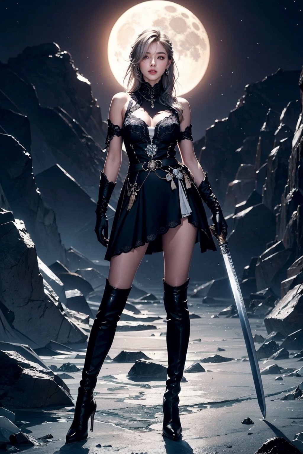 Ultra Detailed, 50mm, official art, unity 8k wallpaper, ultra detailed, aesthetic, masterpiece, best quality, photorealistic, princess_cut, long_white_hair, jewelry, earrings, ponytail, bare shoulders,red_eyes, hair between eyes,boots, elbow gloves,sleeveless, black gloves,black_lace_dress,leggings, black skirt, black footwear, full body, long_legs, white-skinned girl, tall, narrow waist, dynamic pose,1_girl,katana_ice, fullmoon, hair_past_waist, long_legs,ice_giant_sword,Hair over eyes