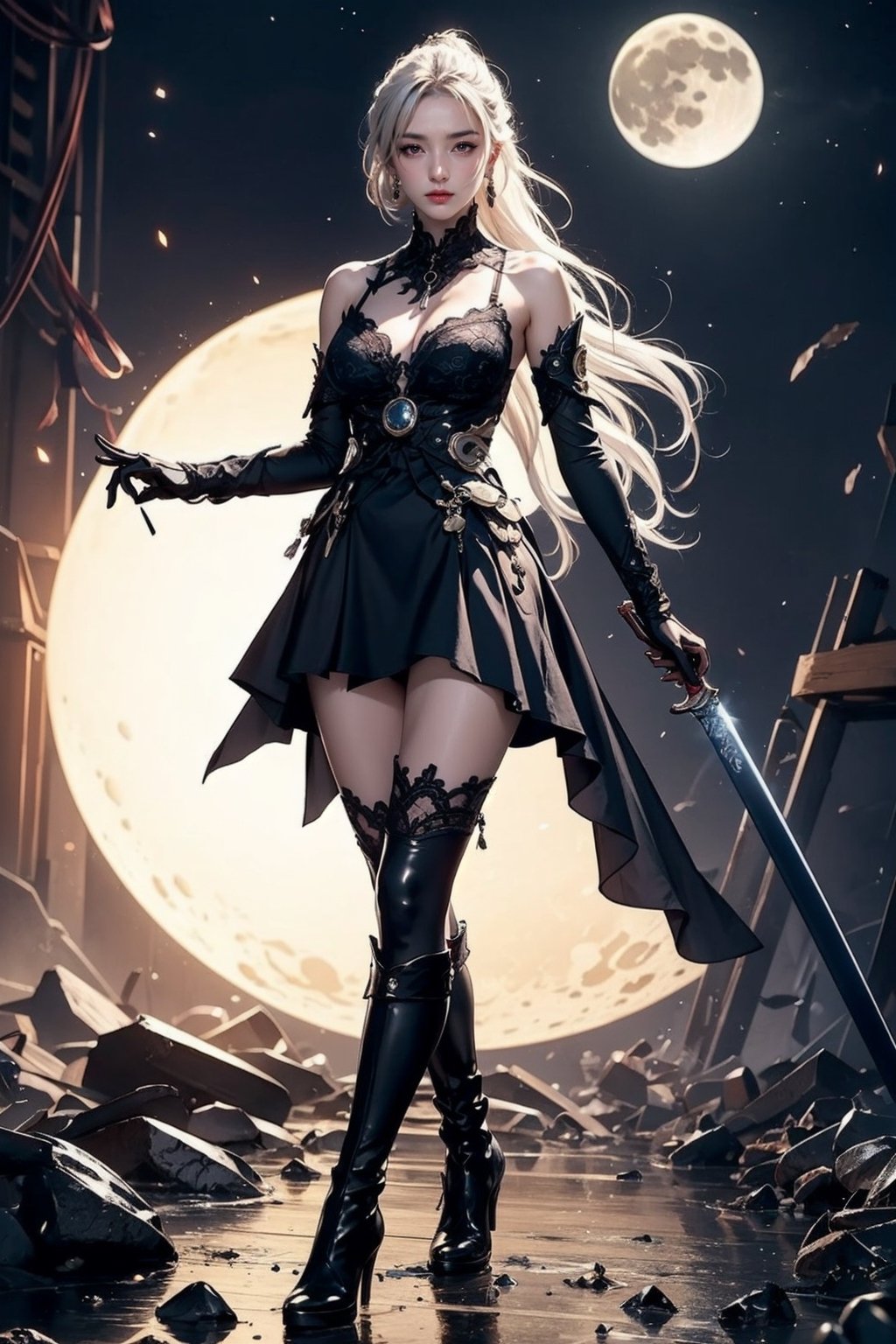 Ultra Detailed, 50mm, official art, unity 8k wallpaper, ultra detailed, aesthetic, masterpiece, best quality, photorealistic, princess_cut, long_white_hair, jewelry, earrings, ponytail, bare shoulders,red_eyes, hair between eyes,boots, elbow gloves,sleeveless, black gloves,black_lace_dress,leggings, black skirt, black footwear, full body, long_legs, white-skinned girl, tall, narrow waist, dynamic pose,1_girl,sword_ice, fullmoon