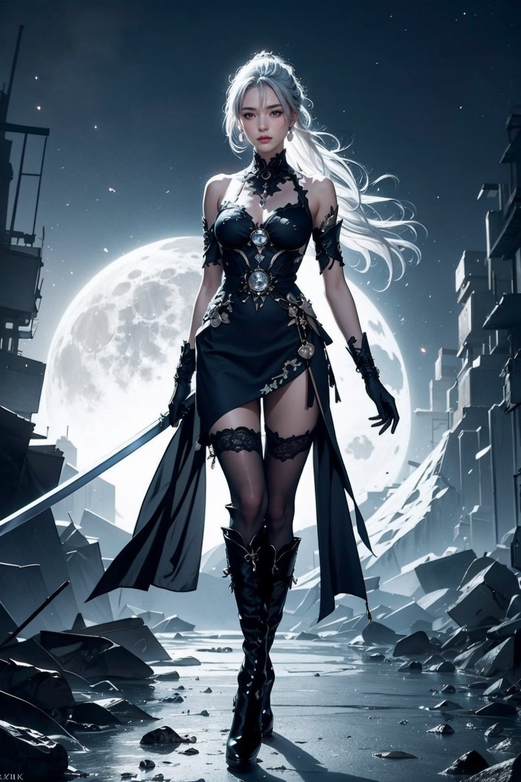 Ultra Detailed, 50mm, official art, unity 8k wallpaper, ultra detailed, aesthetic, masterpiece, best quality, photorealistic, princess_cut, long_white_hair, jewelry, earrings, ponytail, bare shoulders,red_eyes, hair between eyes,boots, elbow gloves,sleeveless, black gloves,black_lace_dress,leggings, black skirt, black footwear, full body, long_legs, white-skinned girl, tall, narrow waist, dynamic pose,1_girl,katana_ice, fullmoon