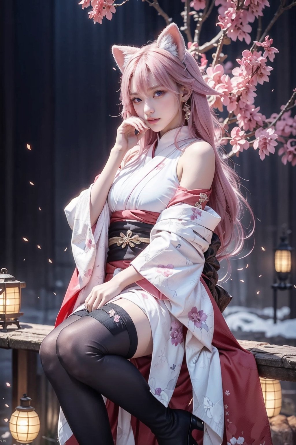 Ultra Detailed, 50mm, official art, unity 8k wallpaper, ultra detailed, aesthetic, masterpiece, best quality, photorealistic,1girl, pink hair, long hair, solo, jewelry, earrings, long hair, bangs, bare shoulders, blue eyes, thigh boots, thigh highs, hair between eyes, boots, elbow gloves,sleeveless, leggings, long sleeves, full body, asian cute face, town, two bare long legs, white-skinned girl, tall, narrow waist, dynamic pose, dynamic angle, asian,solo,yaemikodef,yu fuhua, fox_ears, fox_tail, kimono, albino_fox,winterlorashy, fox pet,karinalorashy,gaeul_ivez