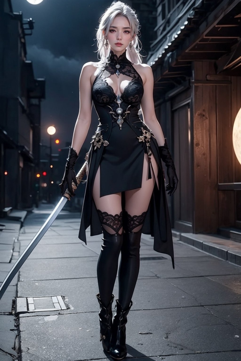 Ultra Detailed, 50mm, official art, unity 8k wallpaper, ultra detailed, aesthetic, masterpiece, best quality, photorealistic, princess_cut, long_white_hair, jewelry, earrings, ponytail, bare shoulders,red_eyes, hair between eyes,boots, elbow gloves,sleeveless, black gloves,black_lace_dress,leggings, black skirt, black footwear, full body, long_legs, white-skinned girl, tall, narrow waist, dynamic pose,1_girl,katana_ice, fullmoon