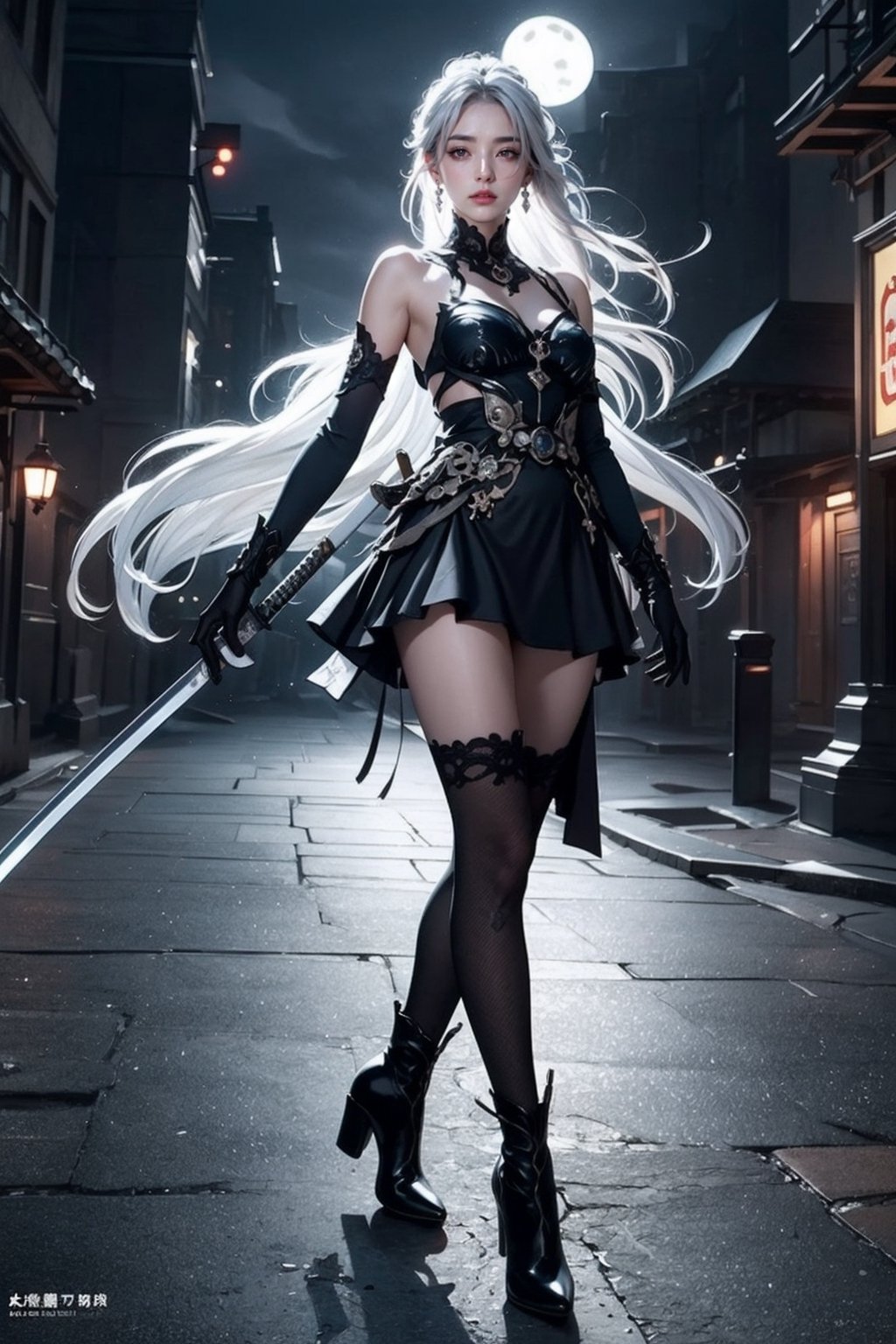 Ultra Detailed, 50mm, official art, unity 8k wallpaper, ultra detailed, aesthetic, masterpiece, best quality, photorealistic, princess_cut, long_white_hair, jewelry, earrings, ponytail, bare shoulders,red_eyes, hair between eyes,boots, elbow gloves,sleeveless, black gloves,black_lace_dress,leggings, black skirt, black footwear, full body, long_legs, white-skinned girl, tall, narrow waist, dynamic pose,1_girl,katana_ice, fullmoon, hair_past_waist, tall_height