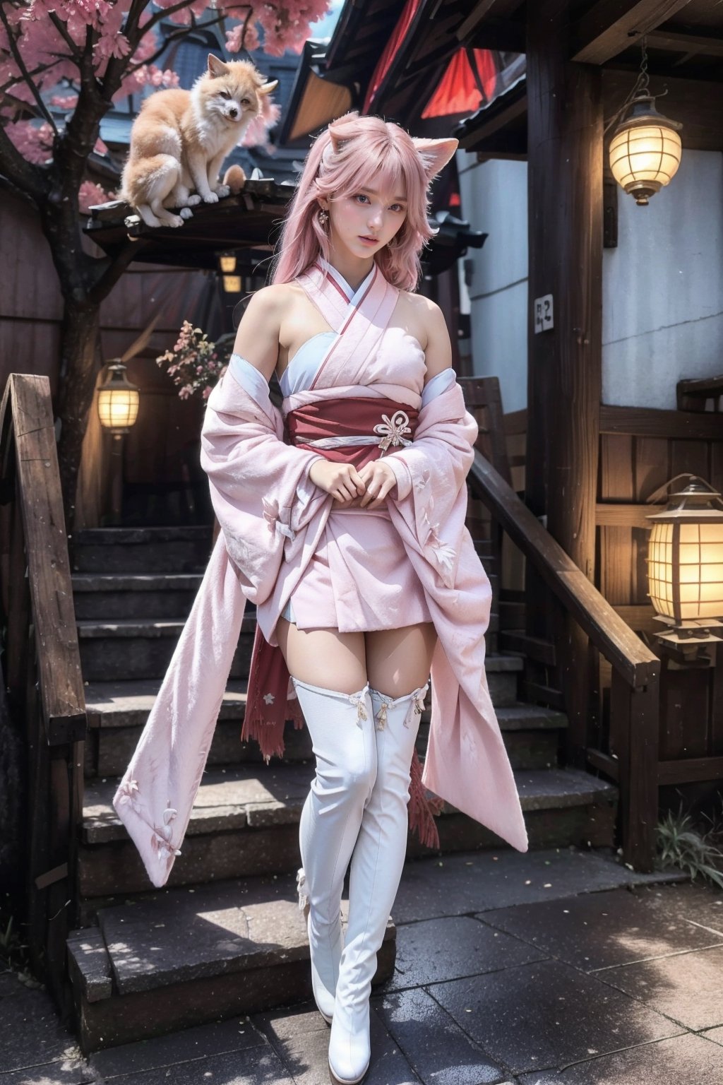 Ultra Detailed, 50mm, official art, unity 8k wallpaper, ultra detailed, aesthetic, masterpiece, best quality, photorealistic,1girl, pink hair, long hair, solo, jewelry, earrings, long hair, bangs, bare shoulders, blue eyes, thigh boots, thigh highs, hair between eyes, boots, elbow gloves,sleeveless, leggings, long sleeves, full body, asian cute face, town, two bare long legs, white-skinned girl, tall, narrow waist, dynamic pose, dynamic angle, asian,solo,yaemikodef,yu fuhua, fox_ears, fox_tail, kimono, albino_fox,winterlorashy, fox pet,karinalorashy,gaeul_ivez