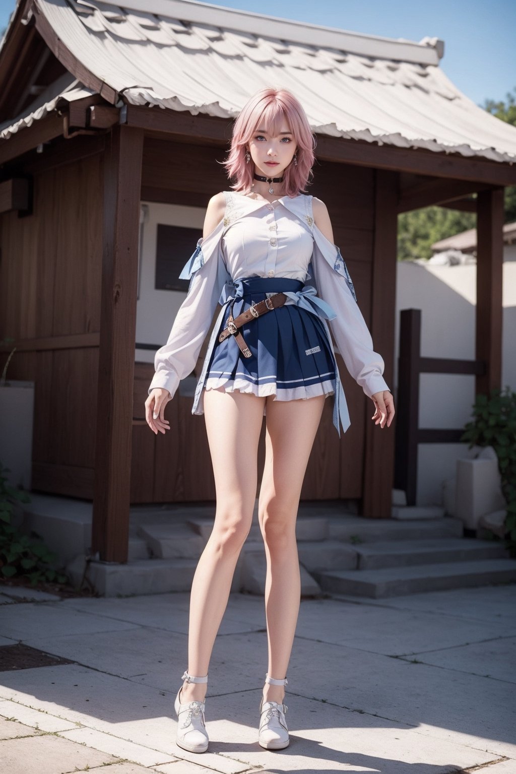 Ultra Detailed, 50mm, official art, unity 8k wallpaper, ultra detailed, aesthetic, masterpiece, best quality, photorealistic, short_hair, jewelry, earrings, pinkhair, hime_cut, bare shoulders, light blue eyes, sport_shoe, white socks, hair between eyes, elbow gloves, sleeveless, belt, leggings, blue shirt, indigo skirt, neckbelt, white footwear, long sleeves, full body, two bare long legs, white-skinned girl, tall, narrow waist, dynamic pose, dynamic angle,ph_Mar,march 7th \(honkai: star rail\),little_cute_girl, holding_bow_(weapon), japanese_shrine