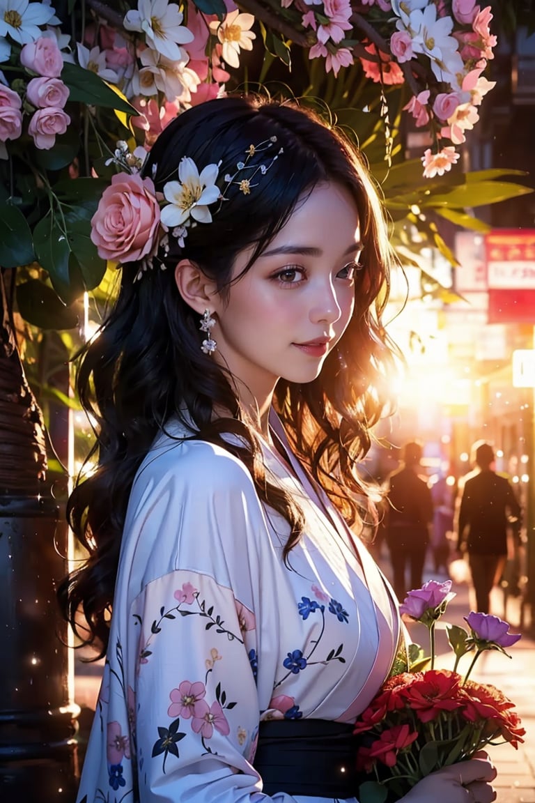 Vibrant portrayal of a young lady gracefully holding a bouquet of fresh flowers, natural lighting, candid moment captured, pastel hues, genuine expression, outdoor photography, Nikon D850, soft and dreamy atmosphere, close up, kimono, curly_hair, front-view, black-hair, colourful, long_hair, sexy,starry