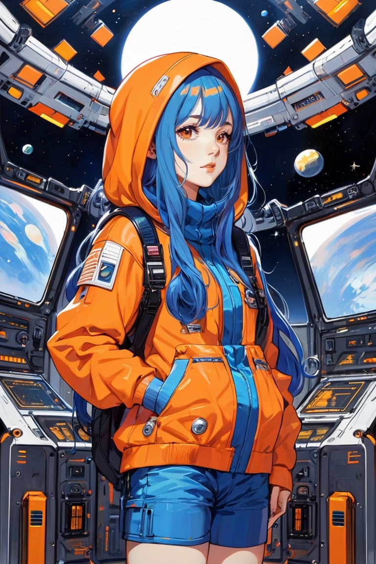 1girl, orange blue hair, very long hair, center parted bangs bangs, hooded sweatshirt blue dungarees garter straps loafers, sci-fi in space ship midnight,