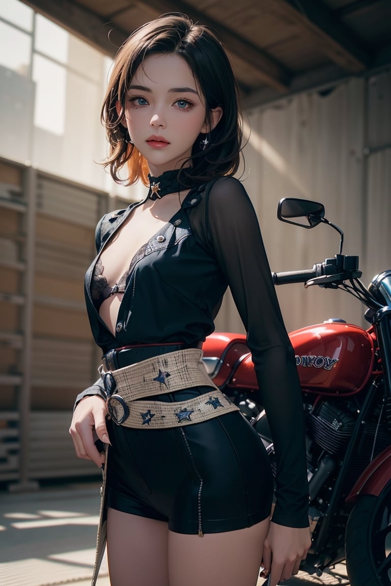 (waist-up portrait:1.7), full body, Lady bug, dark blue hair, red mask with black dots, ballet costume,riding Harley 500cc bike,backside view,erotic pose, long legs,Marinette Dupain-Cheng, Marinette, Miraculous, Perfect face, small face, small head, (beautiful detailed eyes, symmetrical eyes, (detailed face), slender, dramatic lighting, (8k, photo, masterpiece), (highest quality),shadow & light (best shadow), (best illustration), ultra high resolution, 8K wallpapers, physically based rendering, photo, realistic, realism, high contrast, hyperrealism, photography, f1 lens .6, intense colors, hyper-realistic realistic texture, cinestill 800), detailed face,weapon, (cowboy shot:1.7),JAR,BOTTLE,gib\(concept\)