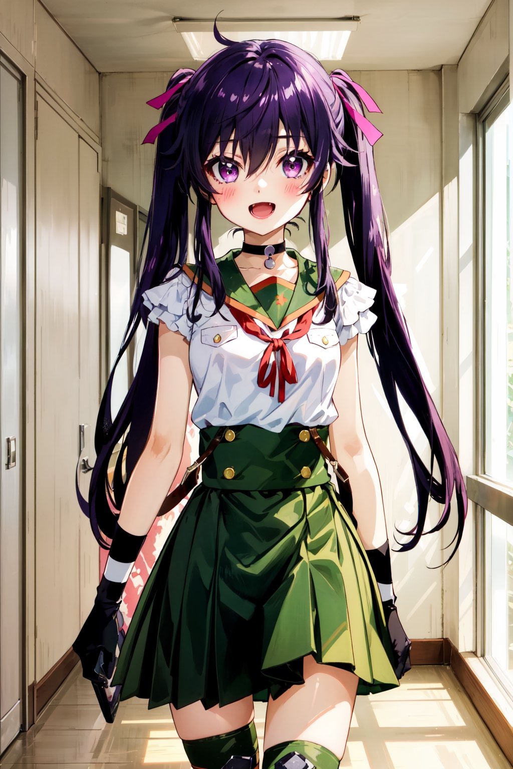 masterpiece, best quality, blush, 1girl, cowboy shot, solo, ebikurumi, long hair, twintails, open mouth, fang, purple eyes, purple hair, knee pads, school uniform, serafuku, green skirt, pleated skirt, striped gloves, black choker, suspenders, hair ribbon, smile, indoors, school hallway, looking at viewer, depth of field, ebikurumi,ebikurumi