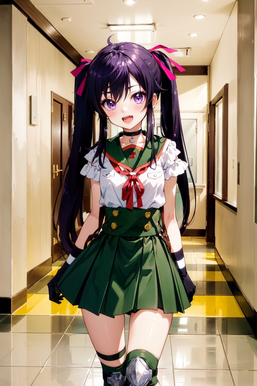 masterpiece, best quality, blush, 1girl, cowboy shot, solo, ebikurumi, long hair, twintails, open mouth, fang, purple eyes, purple hair, knee pads, school uniform, serafuku, green skirt, pleated skirt, striped gloves, black choker, suspenders, hair ribbon, smile, indoors, school hallway, looking at viewer, depth of field, ebikurumi,ebikurumi