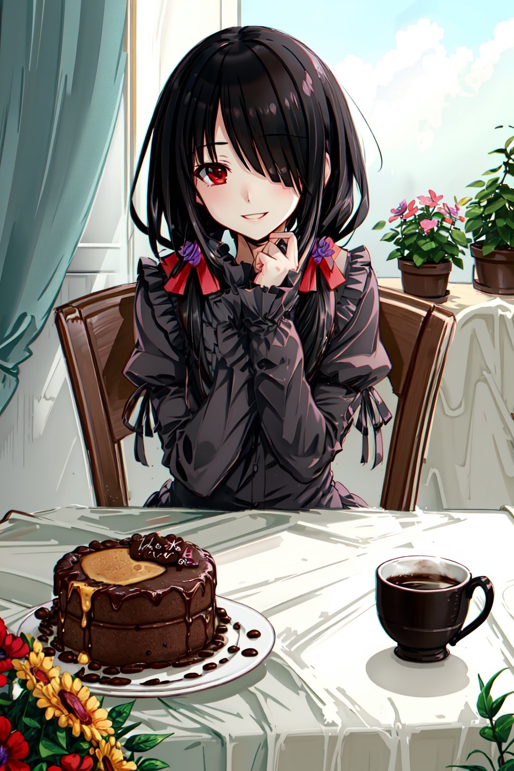 masterpiece, best quality, highres, 1girl, cckurumi, long hair, low twintails, hair flower, hair over one eye, hair bow, gothic, black dress, ribbon, garden, smile, sitting, table, coffee,aakurumi