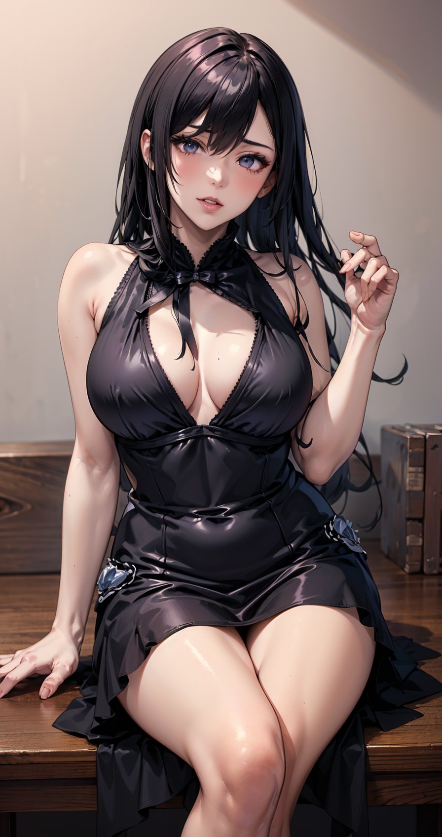 (masterpiece, top quality, best quality, official art, beautiful and aesthetic:1.2), (1girl),a sexy anime girl,beautiful detailed eyes,beautiful detailed lips,extremely detailed eyes and face,long eyelashes,1girl,dynamic pose, cinematic lighting,vibrant colors, highly detailed,elegant dress, glowing skin, yellow blue dress, warm lighting, intricate background, photorealistic, concept art, red and black dress, sitting, opening leg,