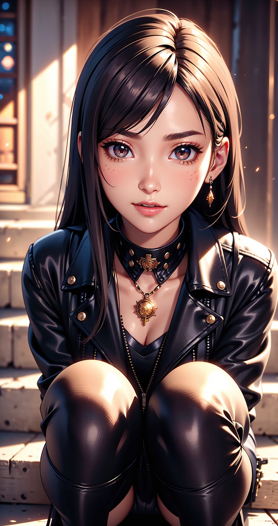 beautiful 22 year old Koreanwoman, medium shot, dark brown eyes, detailed eyes, detailed iris, detailed face, brown hair color, beautiful hair, big smile(looking at viewer), black leather jacket, black leather pants, black boots, jewelry, makeup,  intricate details, depth of field, (detailed face:1.2), (detailed eyes:1.2), (detailed background), (gradients), colorful,  visual key, shiny skin, Medium shot, Action camera. Portrait film. Standard lens. Golden hour lighting. sharp focus, 8k, UHD, high quality, intricate detailed, highly detailed, hyper-realistic Channel a cute and sexy look, creating a dramatic and captivating silhouette,(Very beautiful cute face :1.2), looking at the viewer,((centered image)), crouching, leg_spread,1 girl