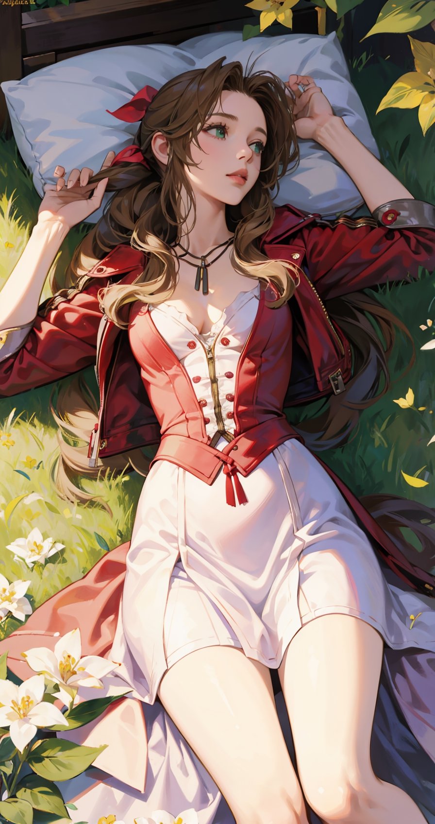 1girl, aerith gainsborough, final fantasy, lying back on flowers, from above, masterpiece, best quality, very aesthetic, absurdres,newest,ai-generated,aerith gainsborough