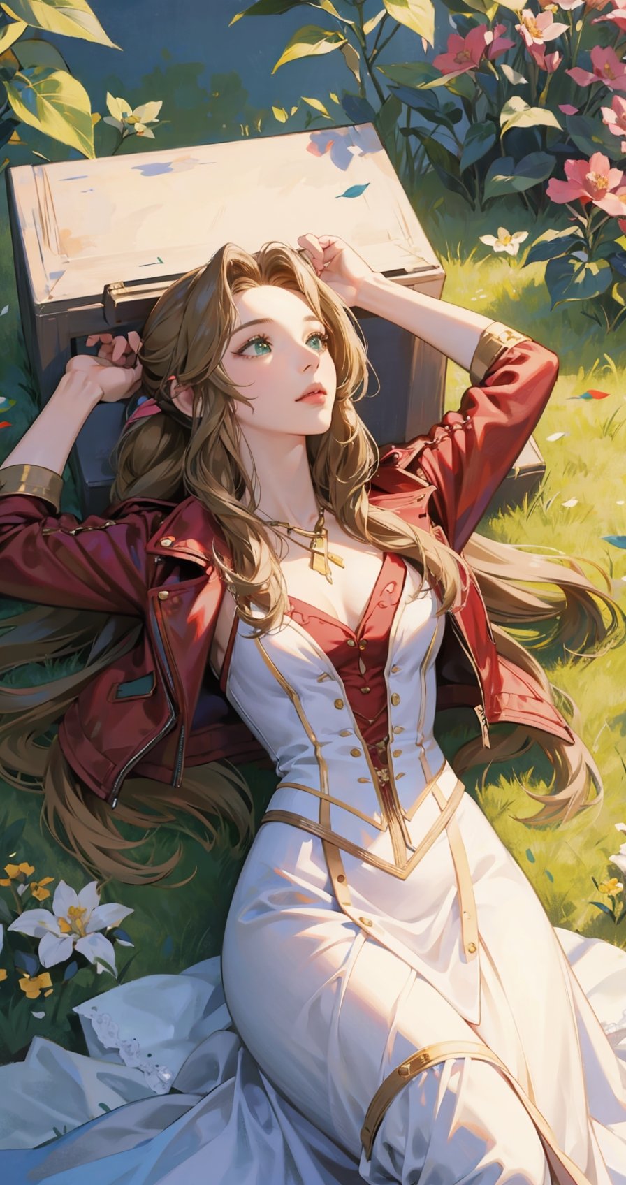 1girl, aerith gainsborough, final fantasy, lying back on flowers, from above, masterpiece, best quality, very aesthetic, absurdres,newest,ai-generated,aerith gainsborough