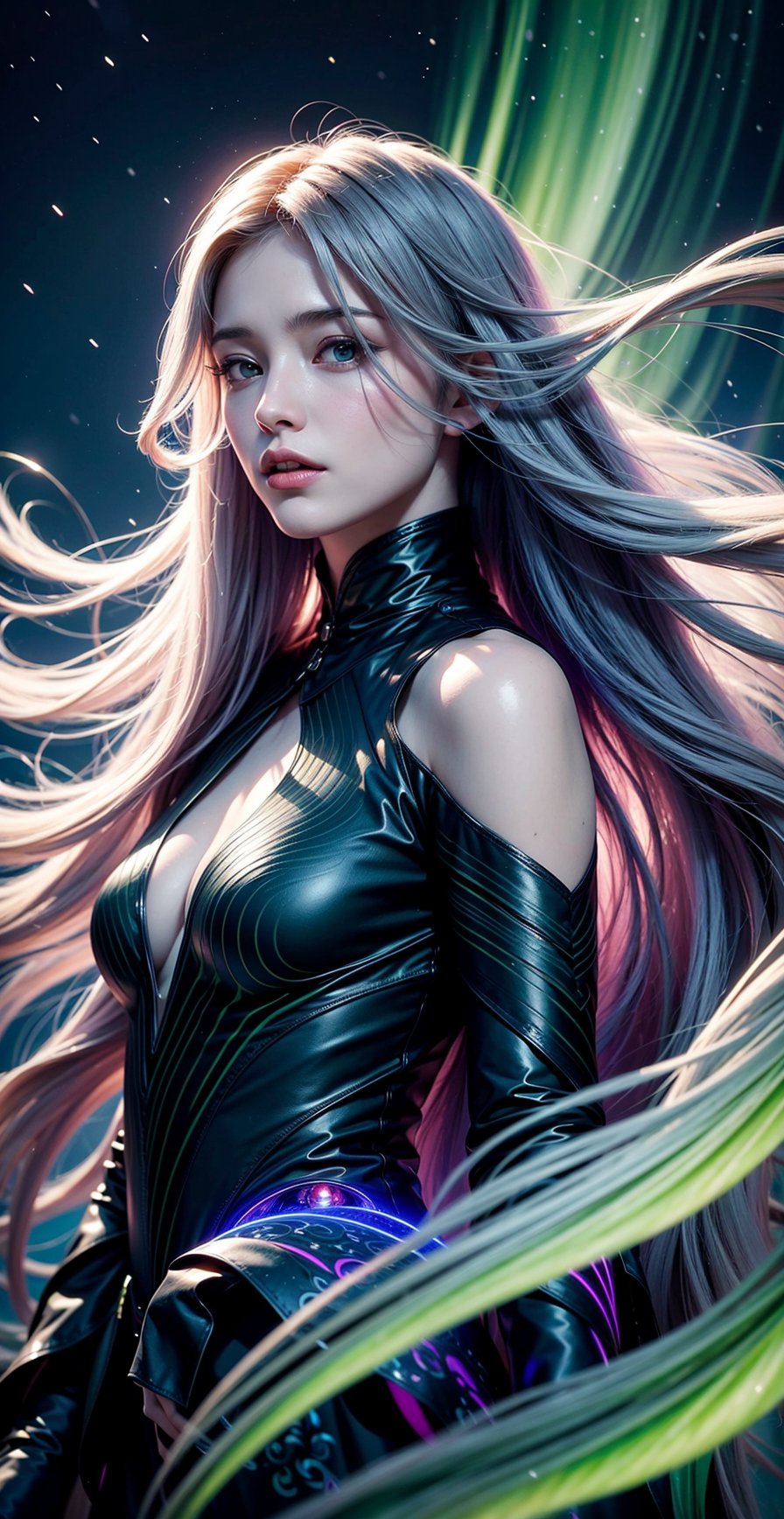 a female character with long,  flowing hair that appears to be made of ethereal,  swirling patterns resembling the Norther...