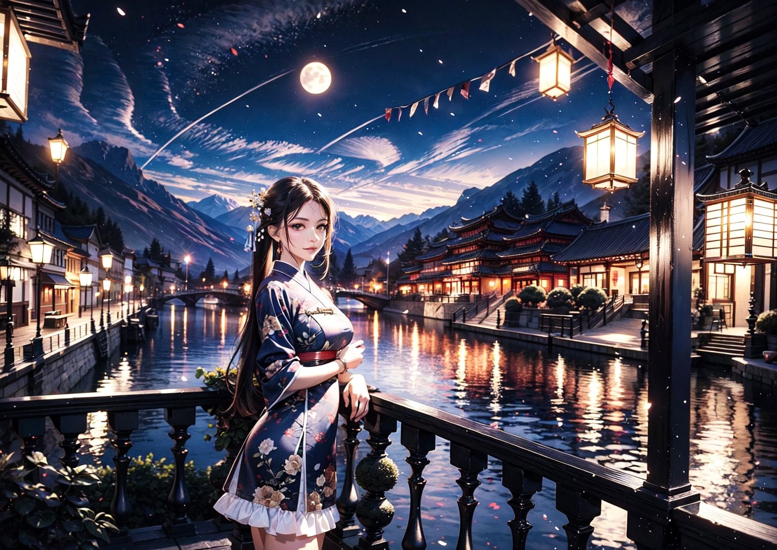 2 girl standing in a garden on a mountain,flowy short dress,lace,ornate details,big detailed eyes looking at viewers,hair ornament,floral arrangement,lanterns,4k ,windy,photorealistic,depth of field,highly detailed,quju,hanfu,shoes,kirara /(genshin impact/), playfull, happy, 2girls, fullmoon, ,goyounjung