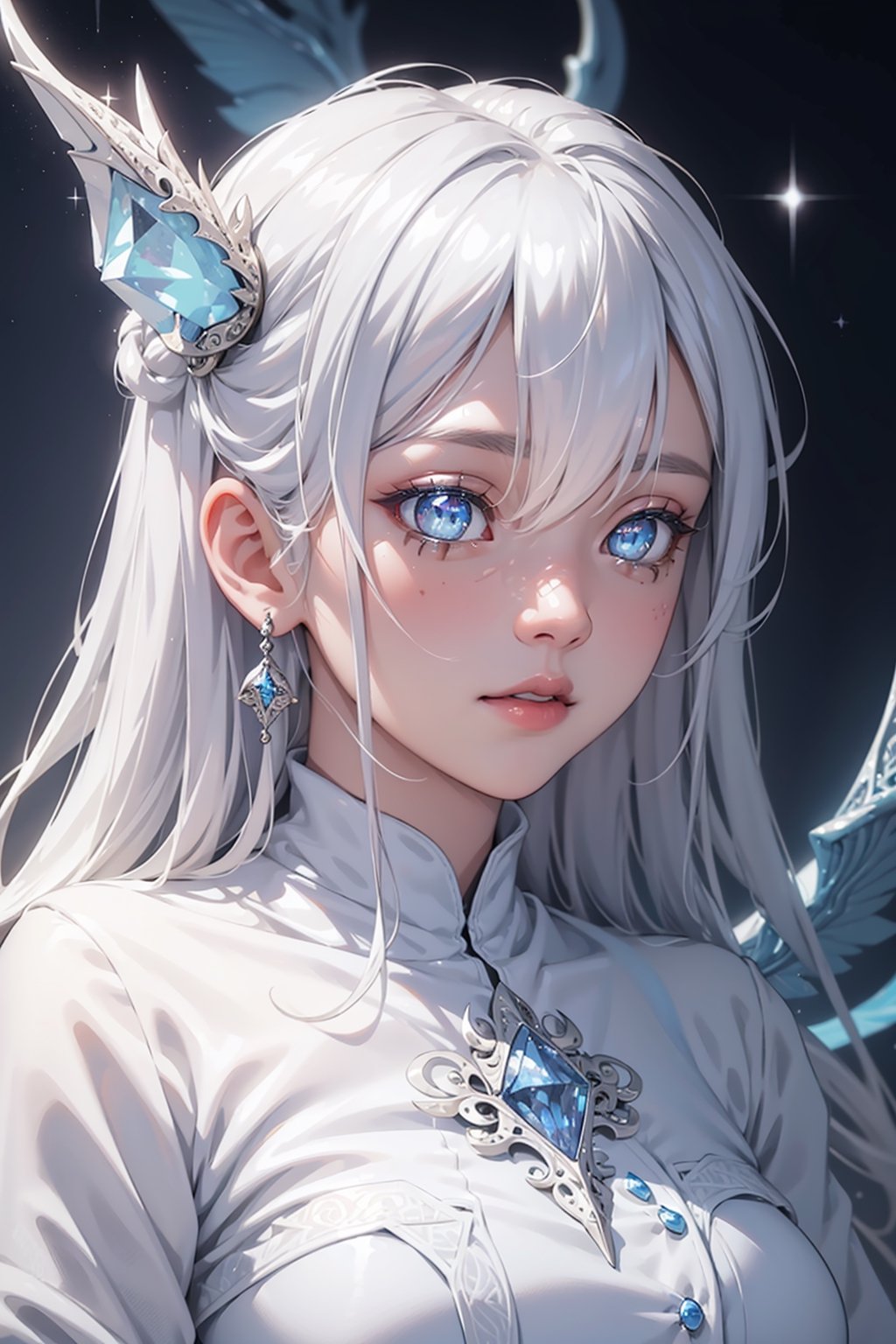 2.5D drawing,  sexy 15 year old girl wearing platinum white Crystal of snow clothing,  (Beautiful detailed eyes by tamago...