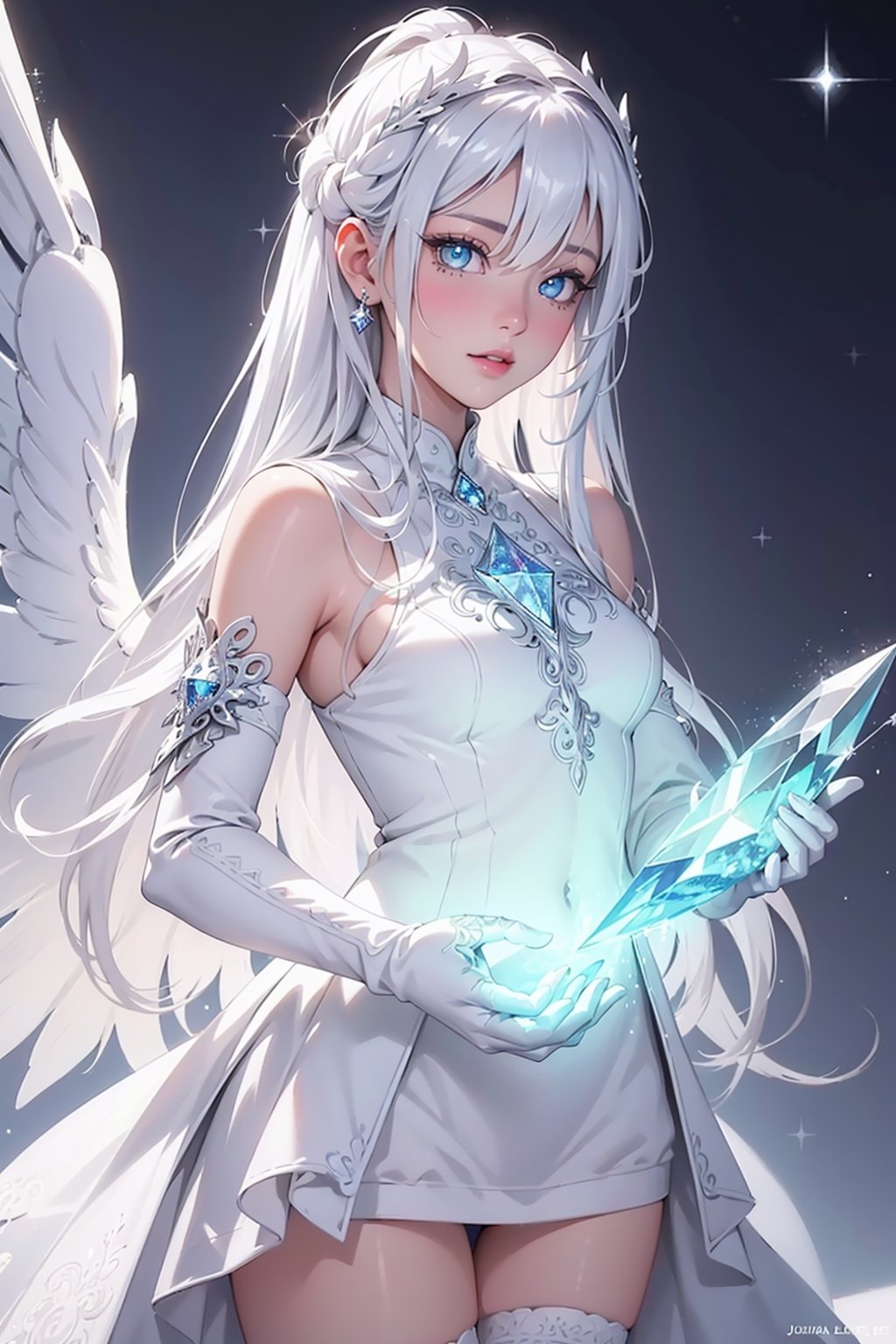 2.5D drawing,  sexy 18 year old girl wearing platinum white Crystal of snow clothing,  (Beautiful detailed eyes by tamago...