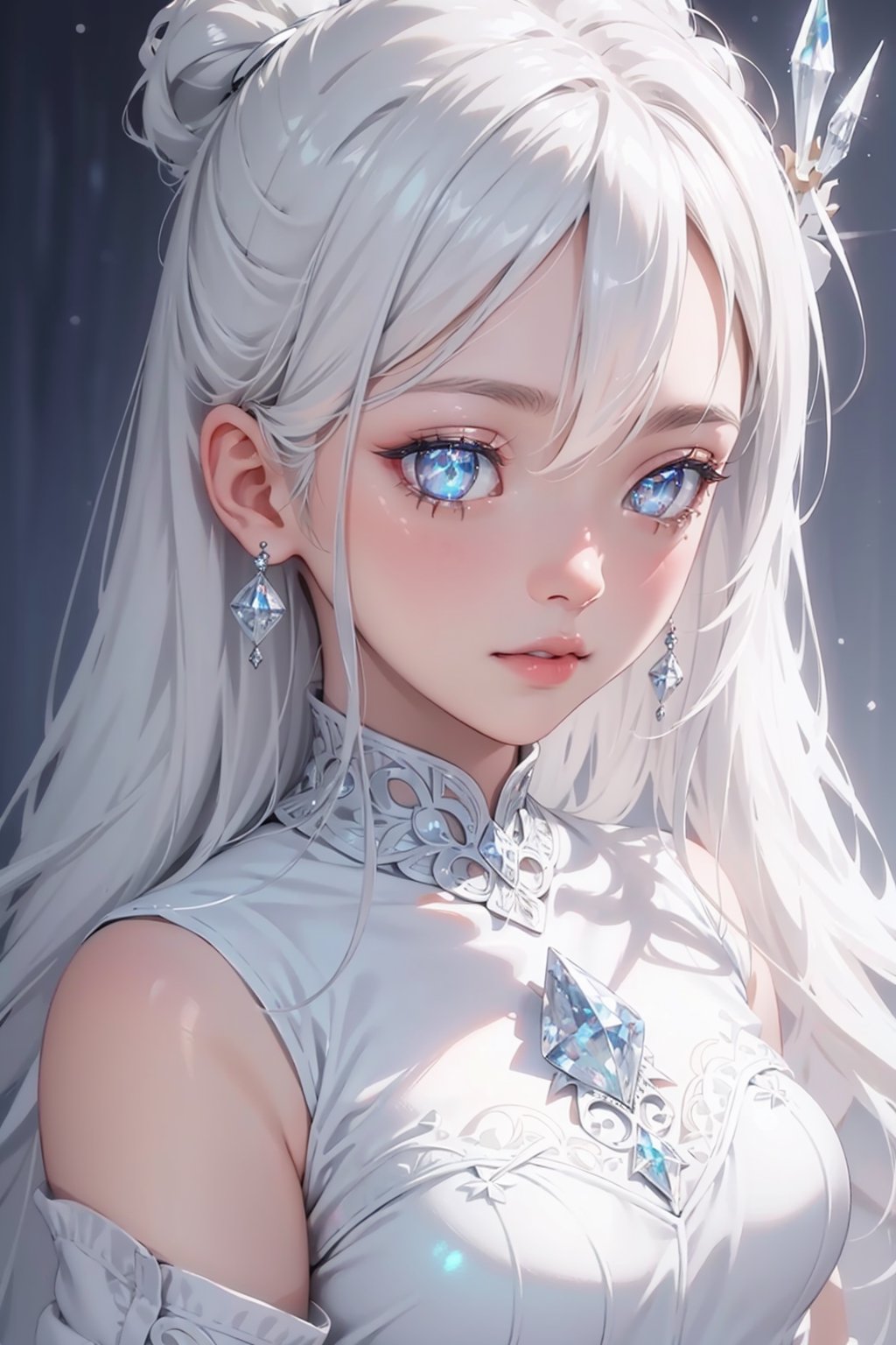 2.5D drawing,  sexy 18 year old girl wearing platinum white Crystal of snow clothing,  (Beautiful detailed eyes by tamago...