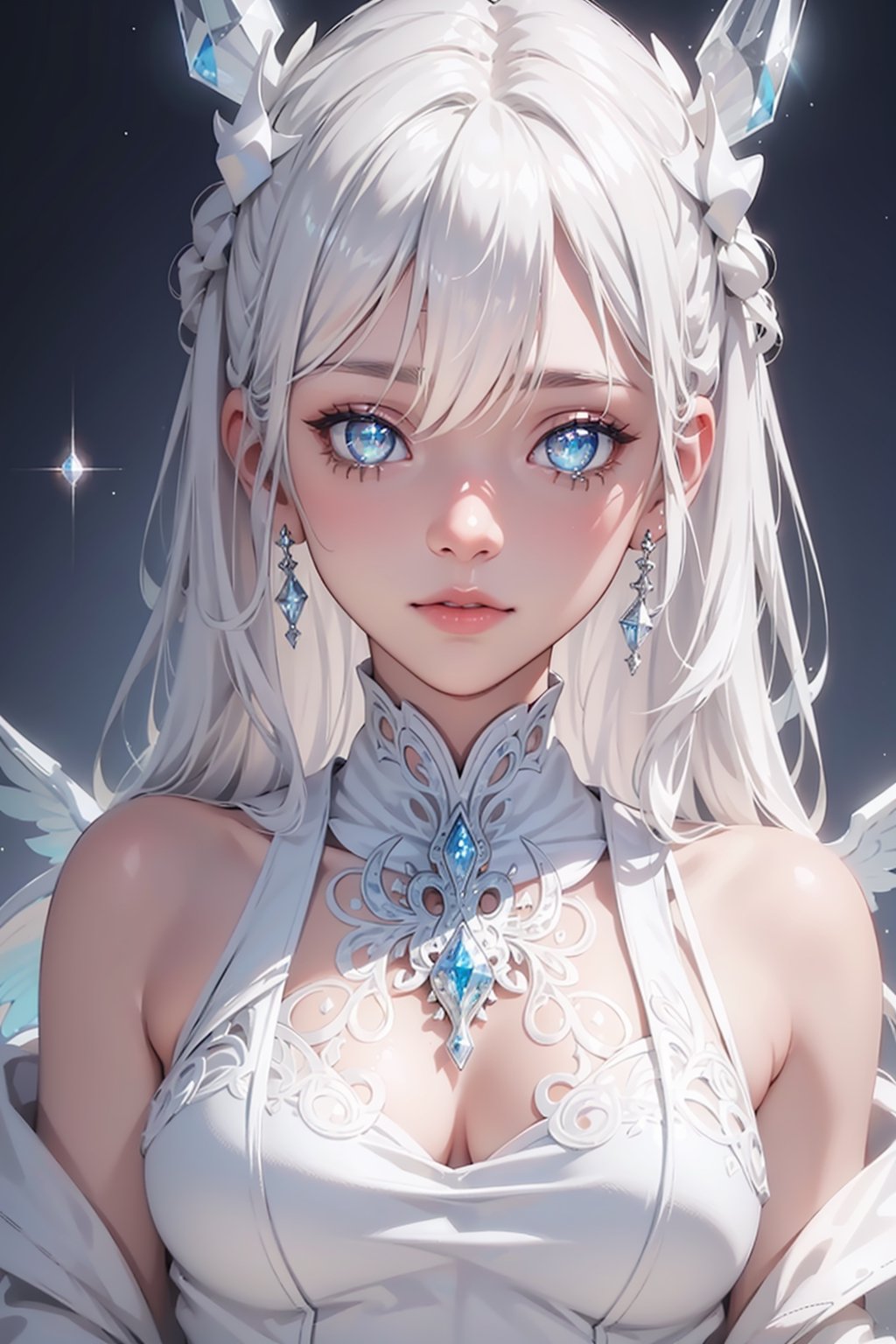 2.5D drawing,  sexy 18 year old girl wearing platinum white Crystal of snow clothing,  (Beautiful detailed eyes by tamago...
