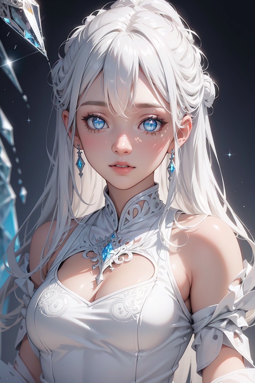 2.5D drawing,  sexy 18 year old girl wearing platinum white Crystal of snow clothing,  (Beautiful detailed eyes by tamago...