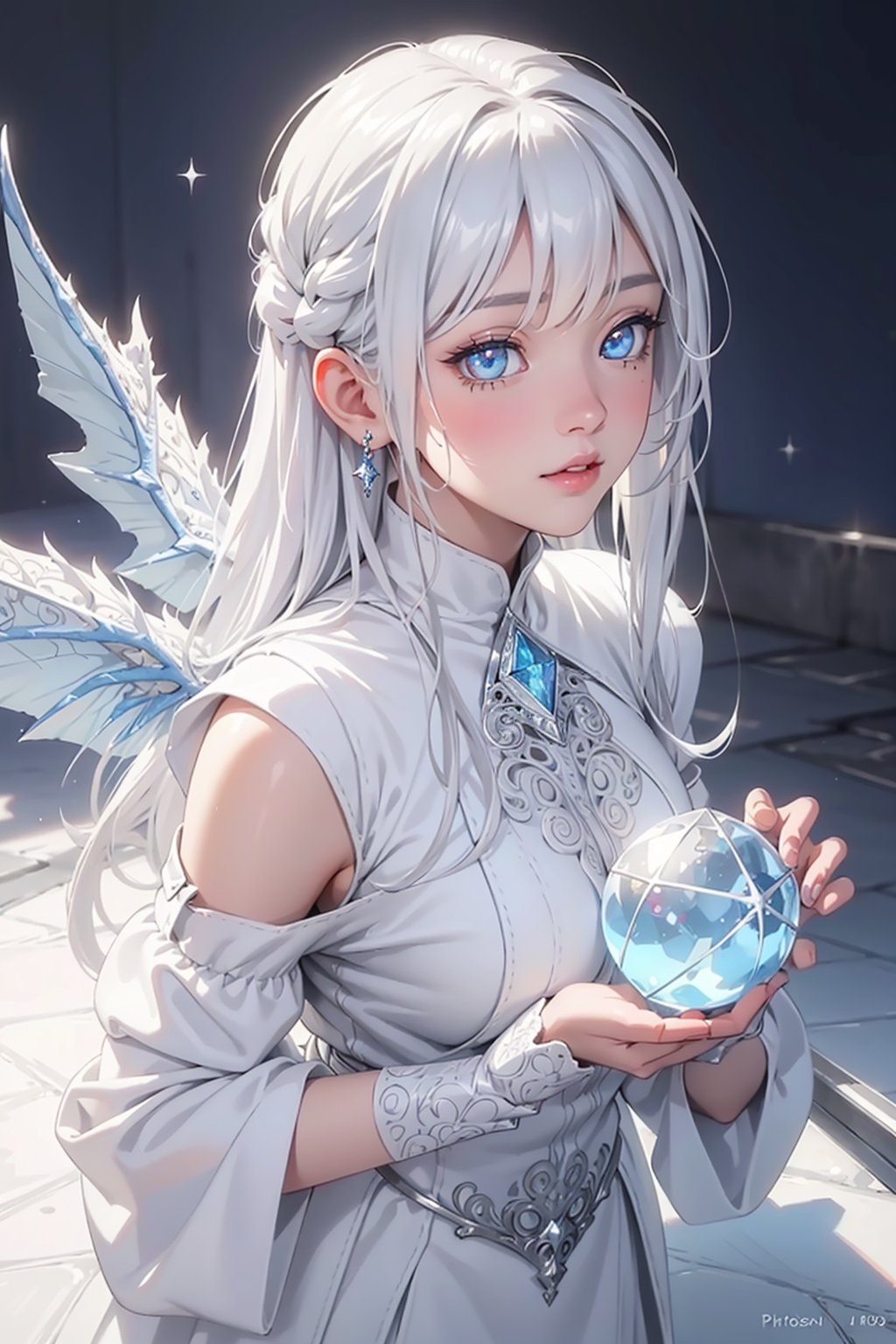 2.5D drawing,  sexy 15 year old girl wearing platinum white Crystal of snow clothing,  (Beautiful detailed eyes by tamago...