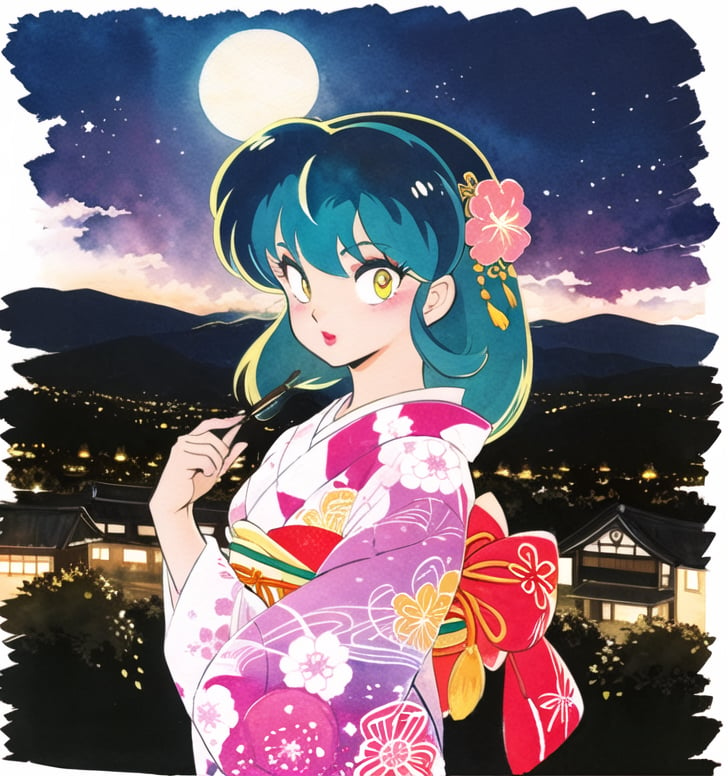 Rumiko Takahashi, 1980s \(Style\), retro artstyle, watercolor paiting、urusei yatsura,Ram、 1girl in,  eyeshadows, makeup,　blusher \(makeup\), Solo、colorful hair color,  yukata, kyoto, japan, night, Kyoto night cityscape in Japan, summer