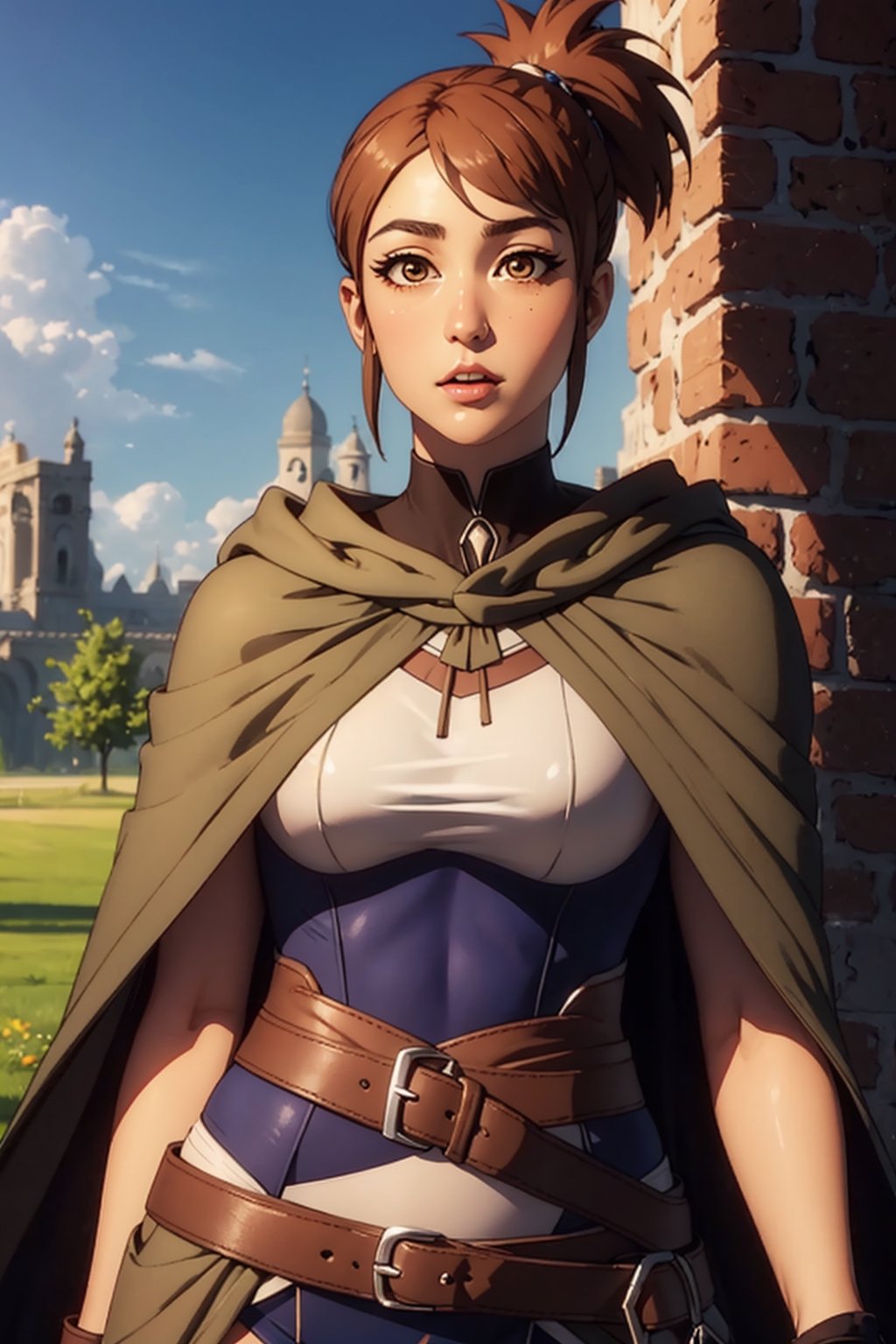 (masterpiece, best quality, ultra-detailed, 8K),High detailed, picture perfect face,blush,,perfect female body,slim waist,thic hips,abs,pink lips,hand behind head,dotamarci,marci, bangs, brown hair, (brown eyes:1.5), ponytail, short ponytail, belt, cape, armor, cloak, pouch, brown belt, belt pouch, looking at viewer,outdoors,