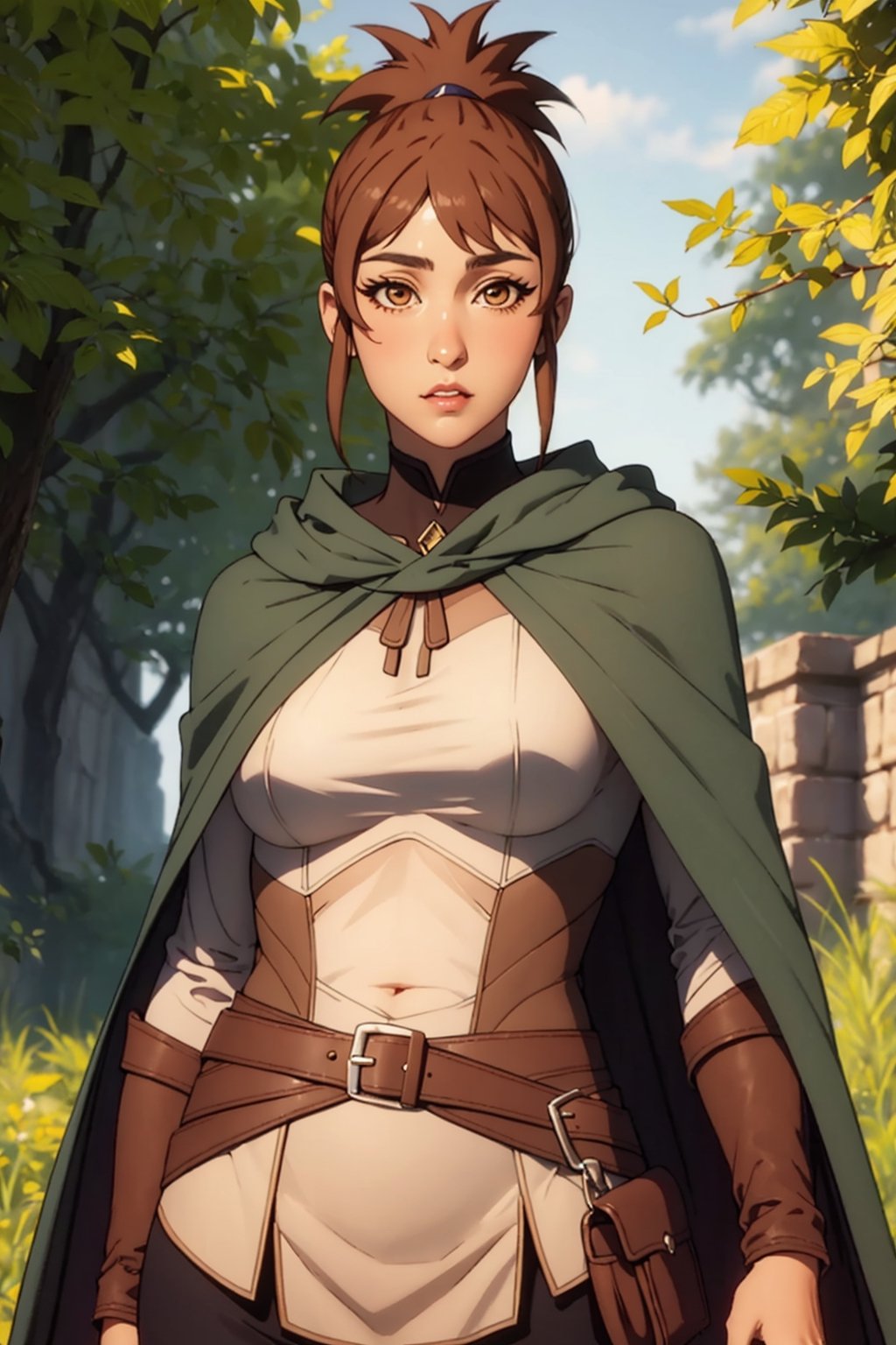 (masterpiece, best quality, ultra-detailed, 8K),High detailed, picture perfect face,blush,,perfect female body,slim waist,thic hips,abs,pink lips,hand behind head,dotamarci,marci, bangs, brown hair, (brown eyes:1.5), ponytail, short ponytail, belt, cape, armor, cloak, pouch, brown belt, belt pouch, looking at viewer,outdoors,