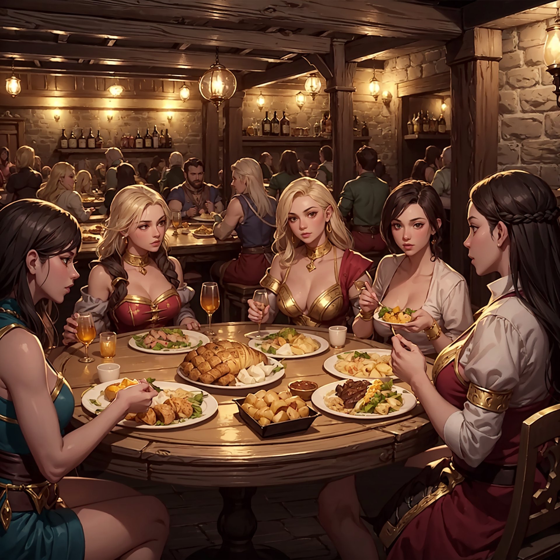 (masterpiece, best quality, ultra-detailed, 8K),party of adventurers eating at a fantasy tavern,varied food,many girls,together at table,gold,dice,crowded,fantasy customers,courtesans and noblemen,dungeons and dragons tavern,