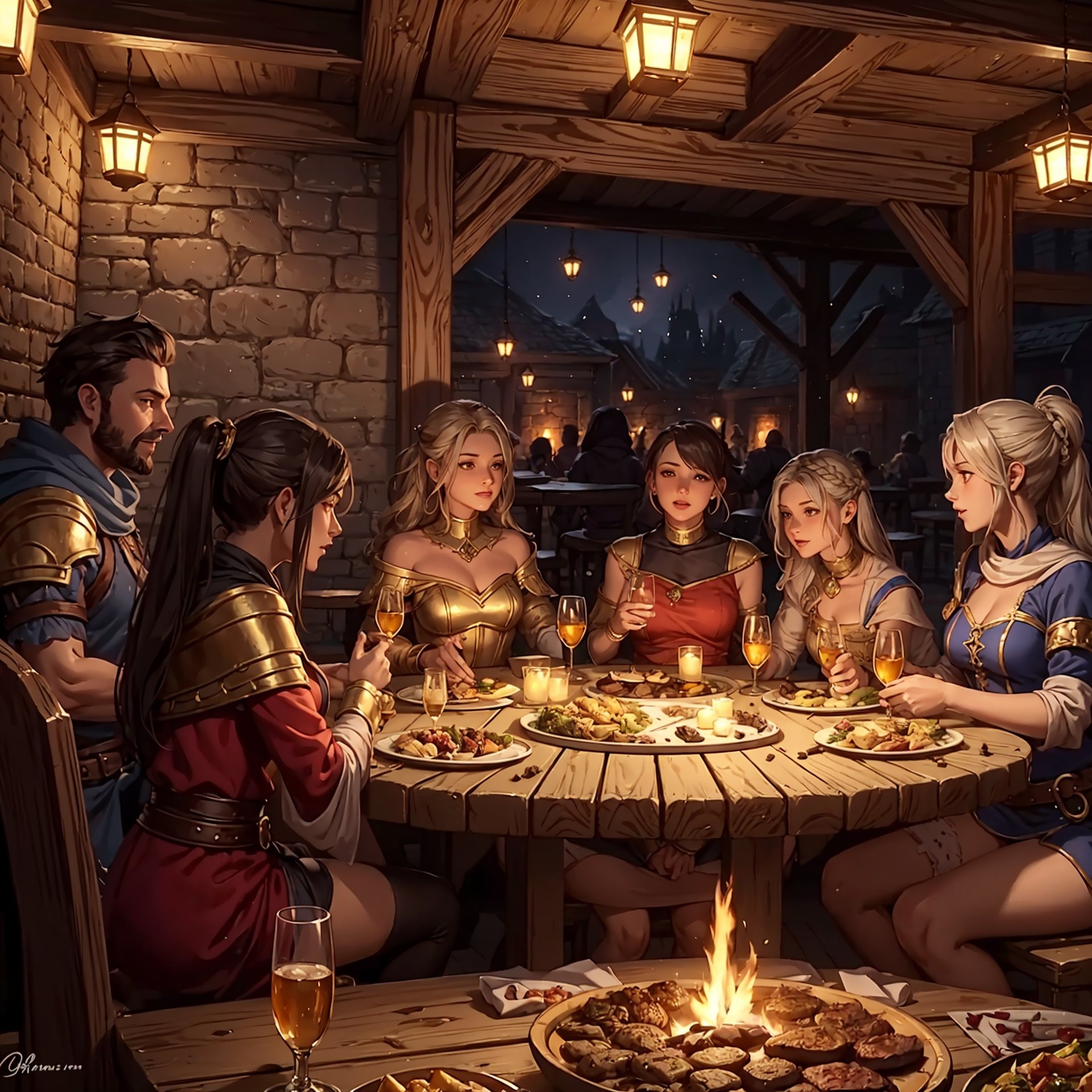 (masterpiece, best quality, ultra-detailed, 8K),party of adventurers celebrating at a fantasy tavern,varied food,many girls,together at table,varied hairstyles,various fantasy classes,gold,dice,cozy,firepit,fantasy customers,dungeons and dragons tavern,