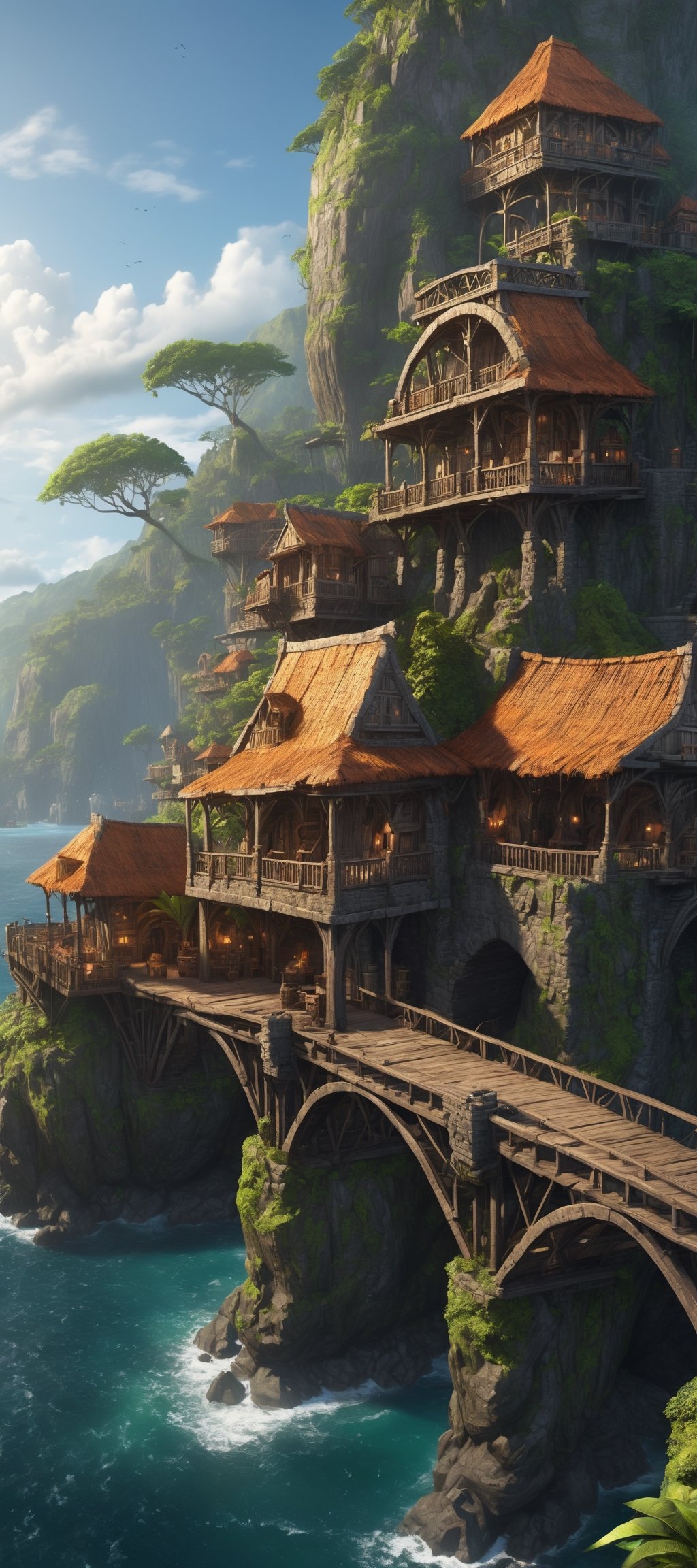 (Masterpiece),best quality,8k,hd,fantasy,coastal trade city on volcanic jungle island,old fortress,3 storie wooden houses,bridges,harbor with a few trade vessels,sugar fields,dense canopy, colony,this might be a dangerous place for a settlement,
Architectural100