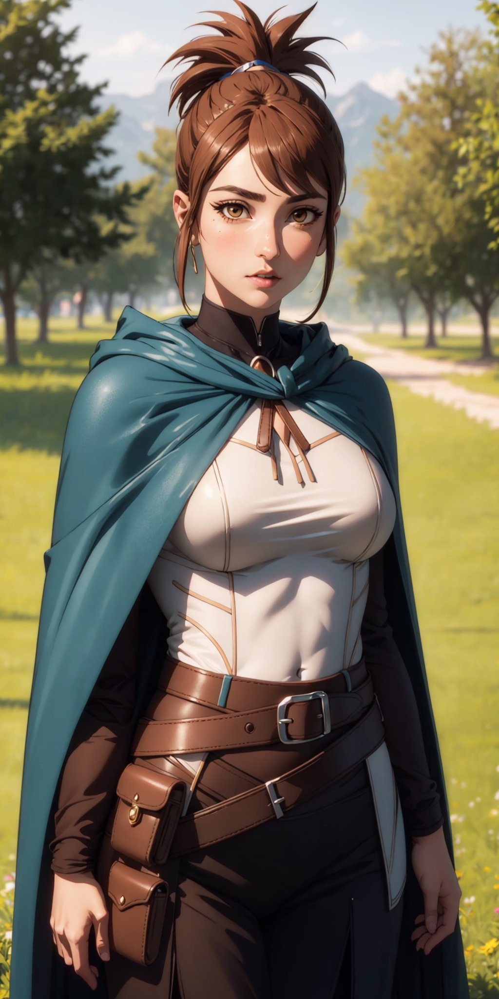 (masterpiece, best quality, ultra-detailed, 8K),High detailed, picture perfect face,blush,,perfect female body,slim waist,thic hips,abs,pink lips,hand behind head,dotamarci,marci, bangs, brown hair, (brown eyes:1.5), ponytail, short ponytail, belt, cape, armor, cloak, pouch, brown belt, belt pouch, looking at viewer,outdoors,