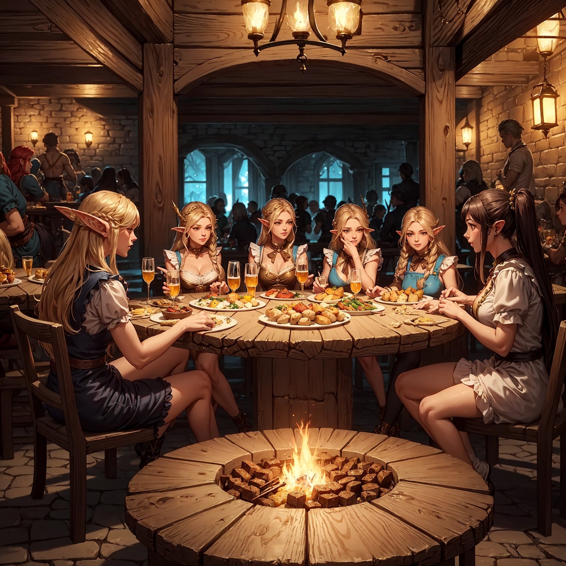 (masterpiece, best quality, ultra-detailed, 8K),party of adventurers celebrating at a fantasy tavern,varied food,many girls,together at table,varied hairstyles,various fantasy classes,gold,dice,cozy,firepit,fantasy customers,dungeons and dragons tavern,and elven tavernmaid is serving ale