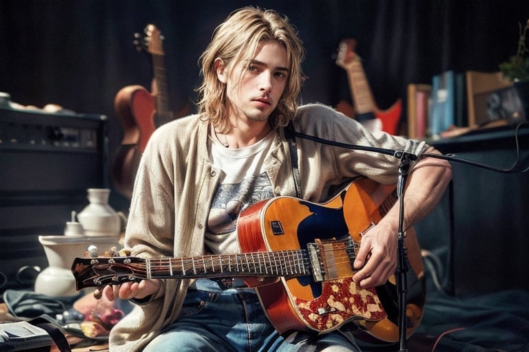 (8k), ((highest quality)), ((best quality)), (masterpiece, ultra-detailed), perfect anatomy, correct anatomy, perfect proportion, perfect face, perfecteyes, perfect hands, perfect legs, perfect fingers, perfect face, detailed face, (hyperrealistic:1.5), 1male, Kurt Cobain from nirvana