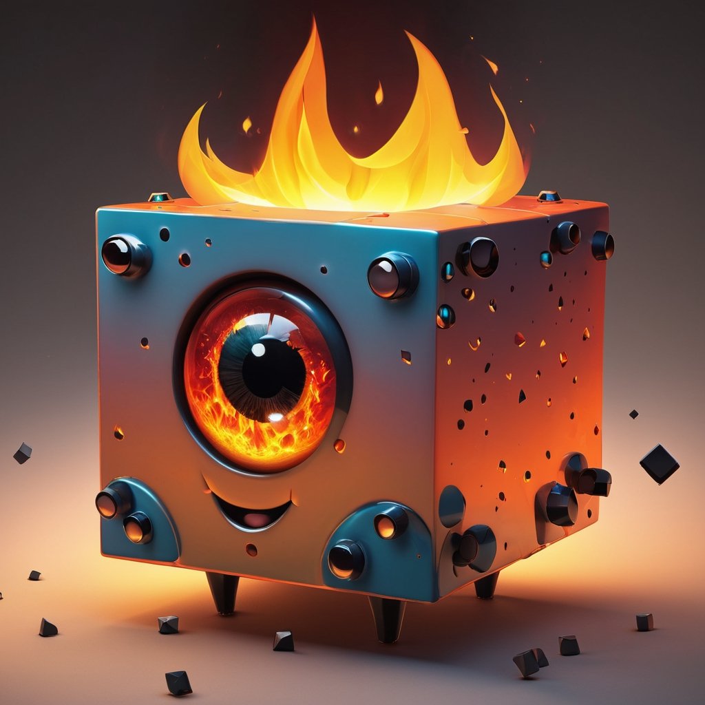 Happy hard cube with eyes and tiny long hands, fire