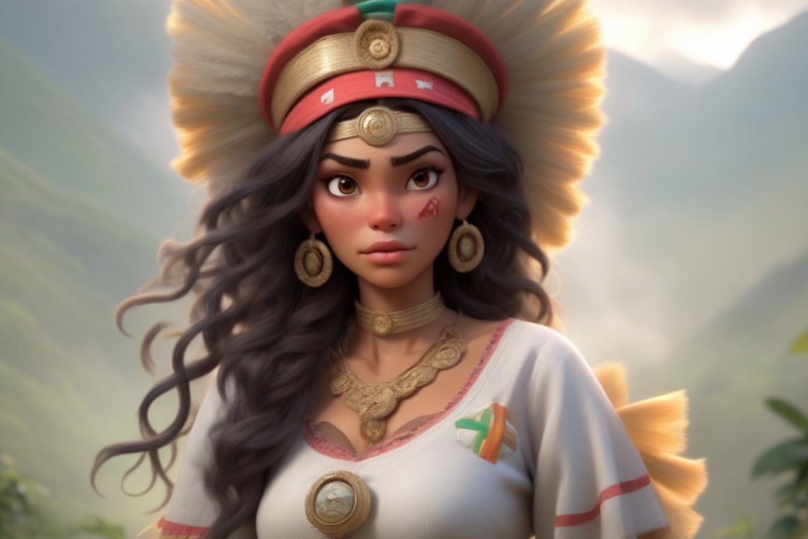 Female character with a nurse theme,  Her attire and accessories should be infused with Colombian mythology or regional Co...