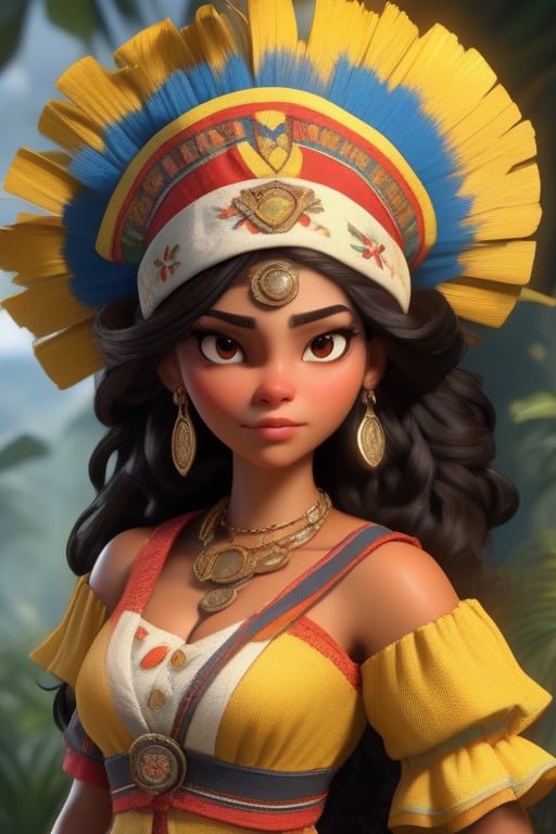 Female character with a nurse theme,  Her attire and accessories should be inspired by Colombian mythology or regional Col...