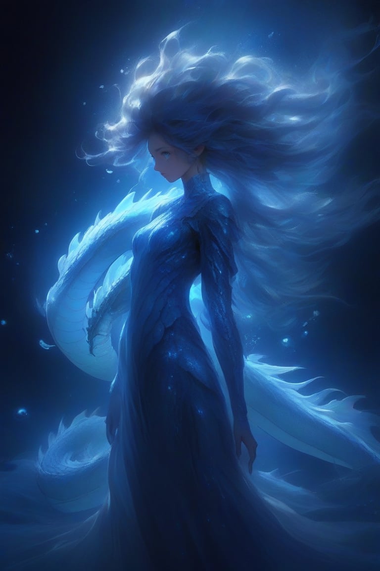 The ethereal woman stands as a testament to the harmonious melding of nature's beasts and cosmic wonders,  condensed into...