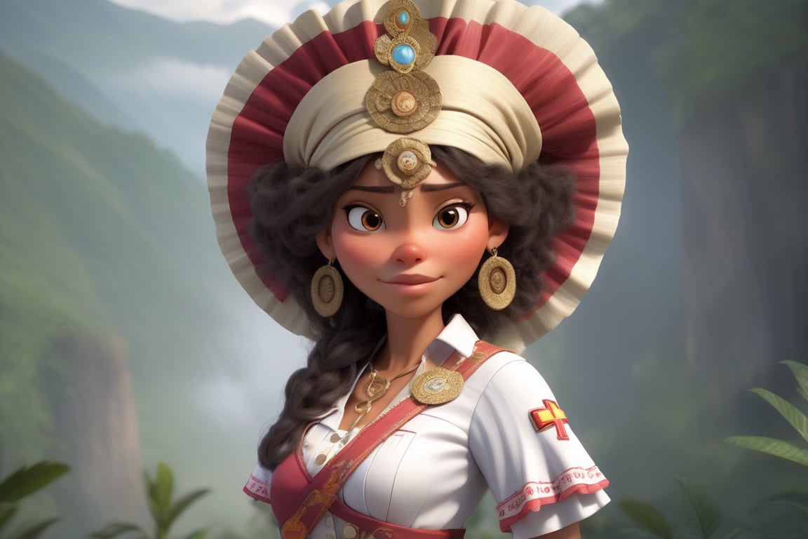 Female character with a nurse theme,  Her attire and accessories should be infused with Colombian mythology or regional Co...