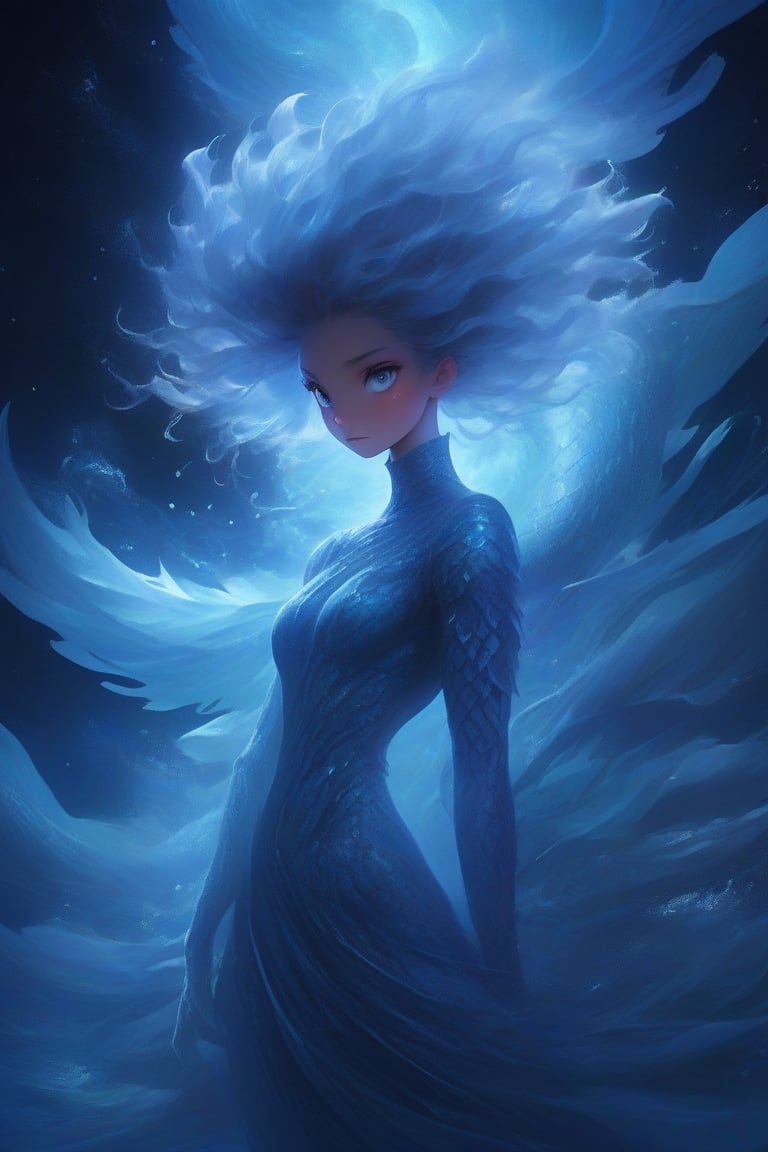 The ethereal woman stands as a testament to the harmonious melding of nature's beasts and cosmic wonders,  condensed into...