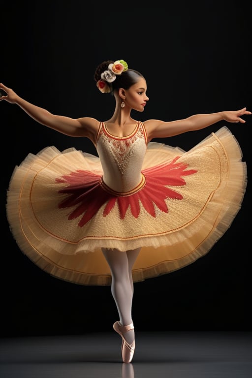 Female character with a ballet dancer theme,  Her attire and accessories should be inspired by Colombian mythology or regi...