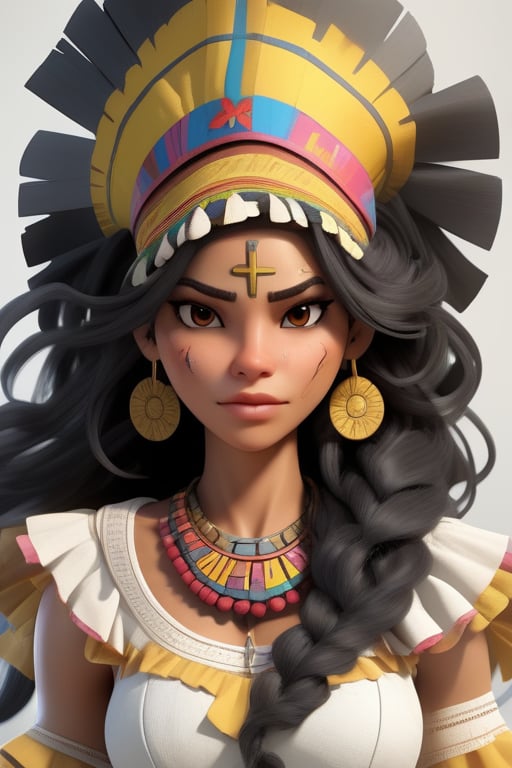 Female character with a nurse theme,  Her attire and accessories should be inspired by Colombian mythology or regional Col...